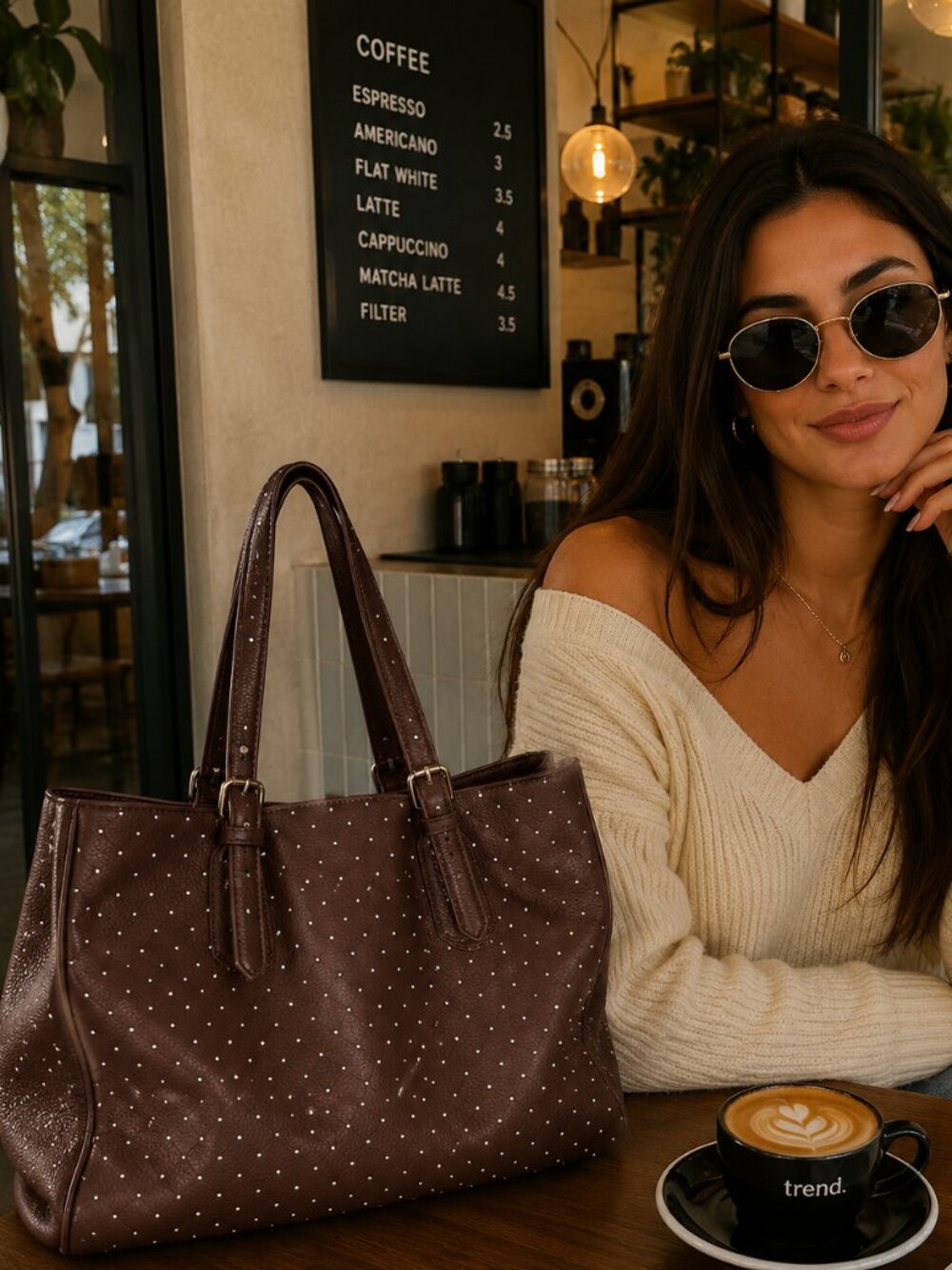 Jeanne Lottie Metal Dot Multiple Compartment Bag Purse Tote Brown